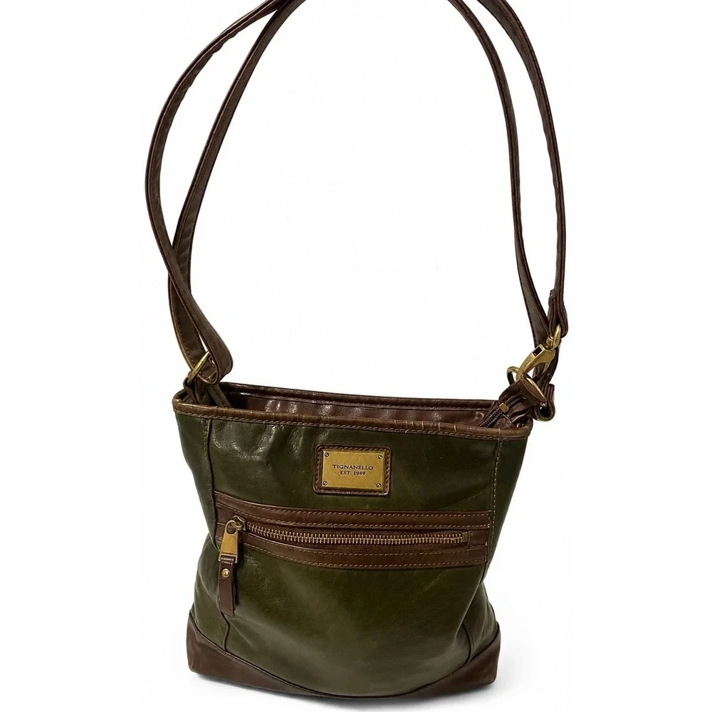 Tignanello Olive Brown Medium Shoulder Bag Hobo Purse Brass‎ Zip Vintage